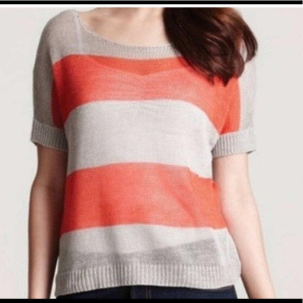 Theory Aislie Spiral Grey & Coral Knit Linen Sweater M